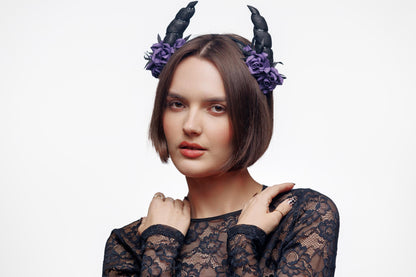 Horns headband ram with purple roses for Halloween party. Black horns headpiece.