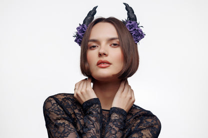 Horns headband ram with purple roses for Halloween party. Black horns headpiece.