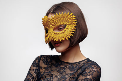 Masquerade Mask Owl: Black, Gold, Silver Feather Detail, Elegant Party Costume