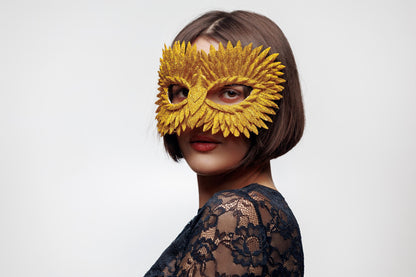 Masquerade Mask Owl: Black, Gold, Silver Feather Detail, Elegant Party Costume