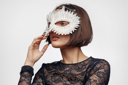 White masquerade mask Owl silver moon with chain, red rhinestones for Halloween party, Weddings.