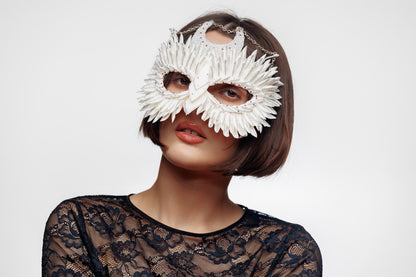 White masquerade mask Owl silver moon with chain, red rhinestones for Halloween party, Weddings.