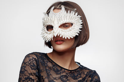 White masquerade mask Owl silver moon with chain, red rhinestones for Halloween party, Weddings.
