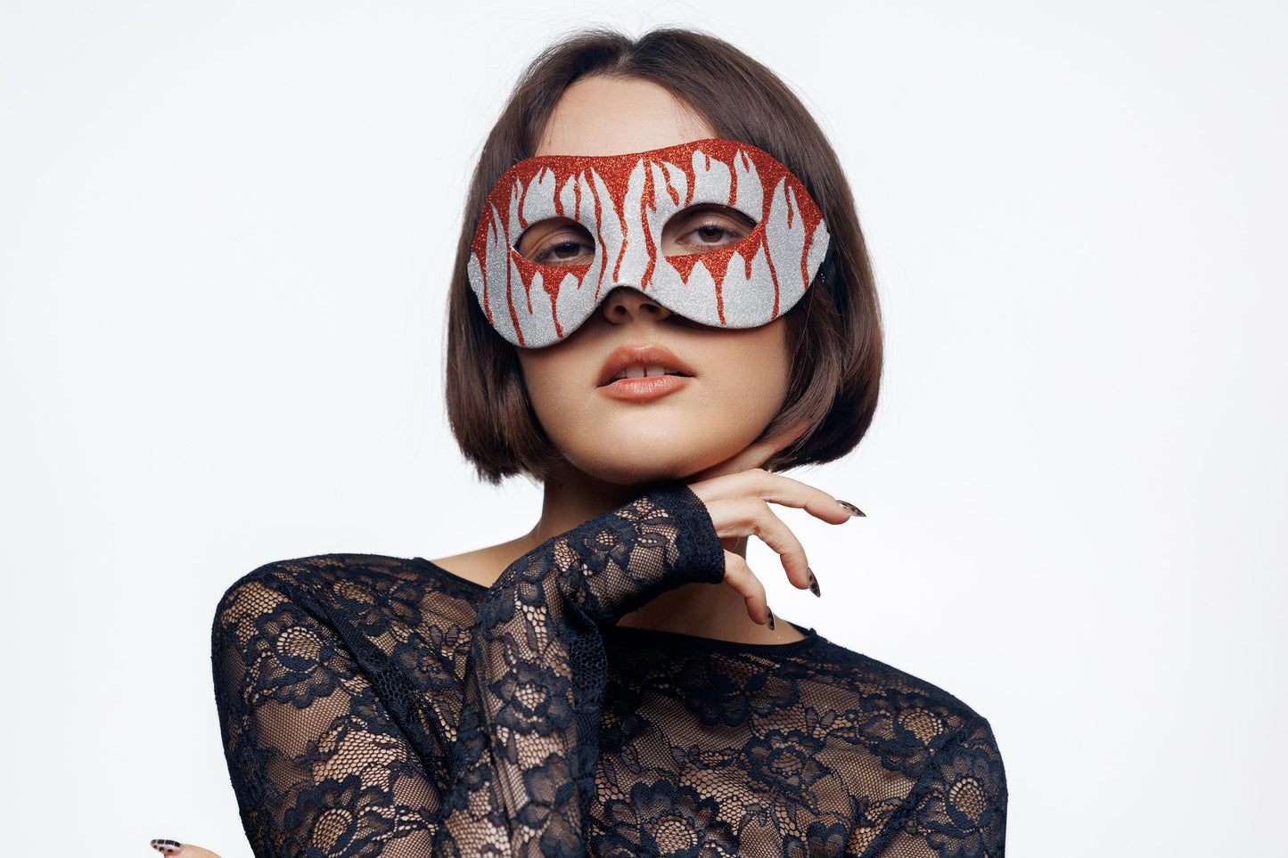 Silver & Red Glitter Masquerade Mask: Gothic Costume Party