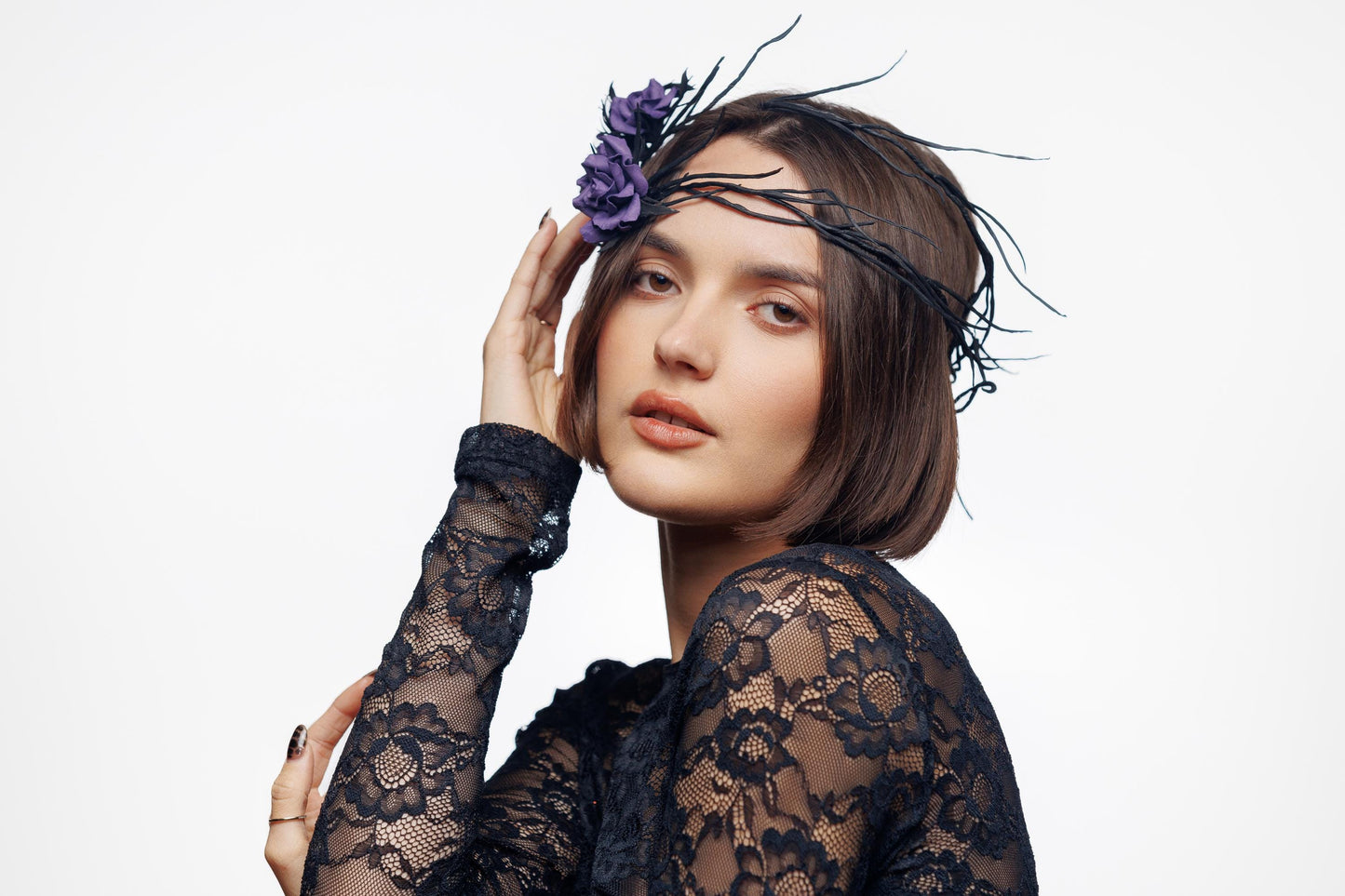 Gothic Black Headpiece with Purple Roses: Halloween Flower Crown