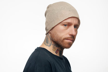 Linen knit beanie hat. Slouchy cap.