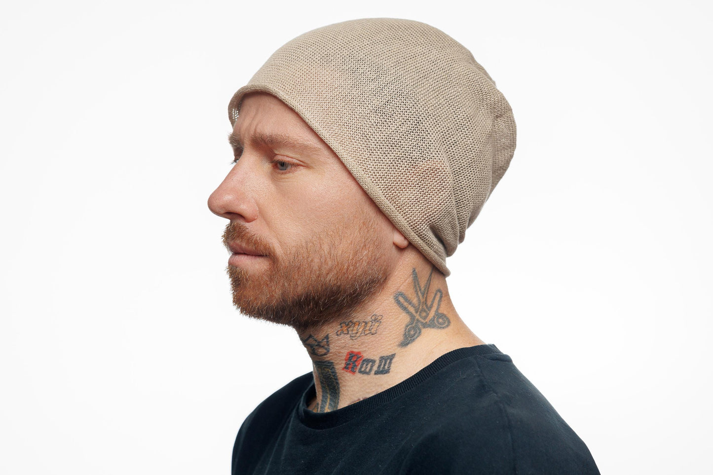 Linen knit beanie hat. Slouchy cap.