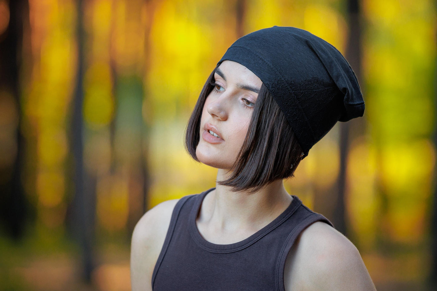 Black Linen Beanie Hat: Lace, Lightweight Chemo Cap.