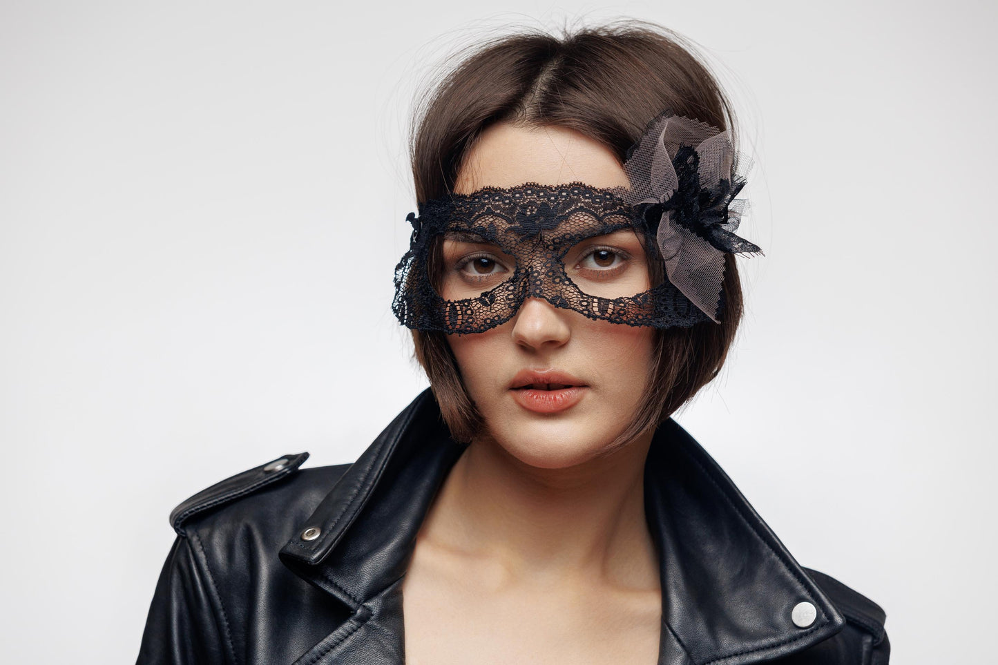 Lace Bridal Masquerade eye Mask with soft tulle bow. Bridal photoshoots, romantic weddings, bachelorette themes, and modern fairytale brides