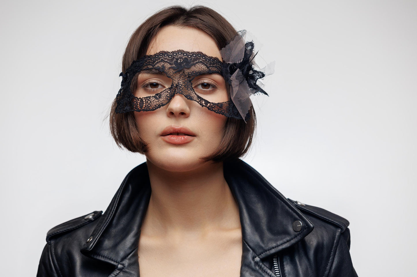 Lace Bridal Masquerade eye Mask with soft tulle bow. Bridal photoshoots, romantic weddings, bachelorette themes, and modern fairytale brides