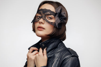 Lace Bridal Masquerade eye Mask with soft tulle bow. Bridal photoshoots, romantic weddings, bachelorette themes, and modern fairytale brides