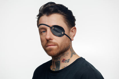 Black Vegan Leather Eye Patch Mask with Grommets. Pirate Steampunk Costume. Gothic Cosplay Eye Cover | Adjustable Elastic Strap.