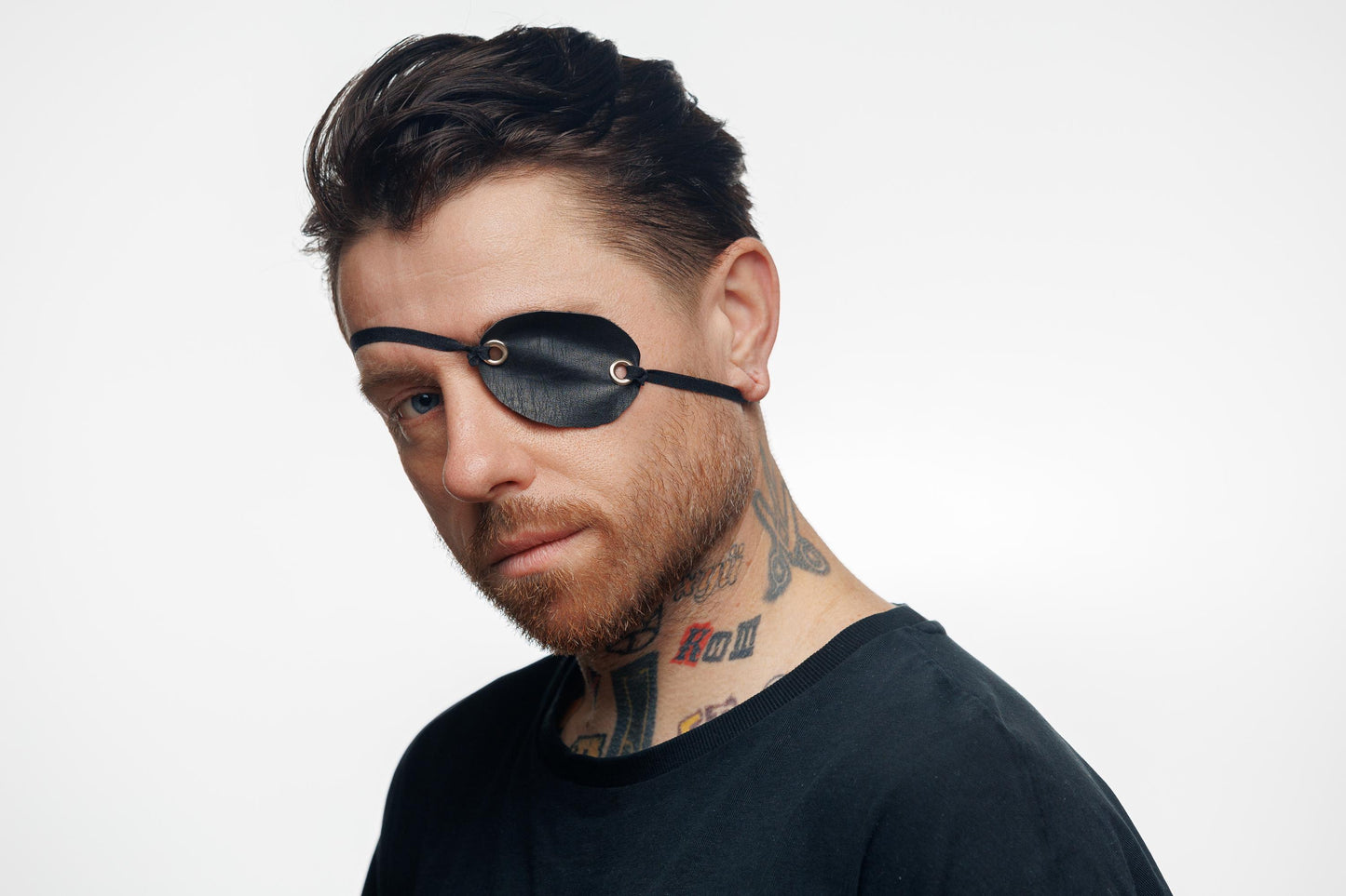 Black Vegan Leather Eye Patch Mask with Grommets. Pirate Steampunk Costume. Gothic Cosplay Eye Cover | Adjustable Elastic Strap.