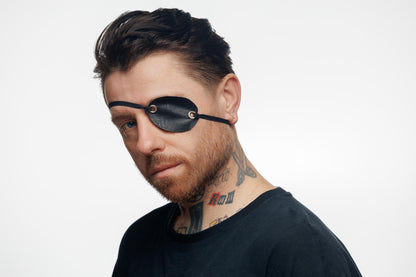 Black Vegan Leather Eye Patch Mask with Grommets. Pirate Steampunk Costume. Gothic Cosplay Eye Cover | Adjustable Elastic Strap.