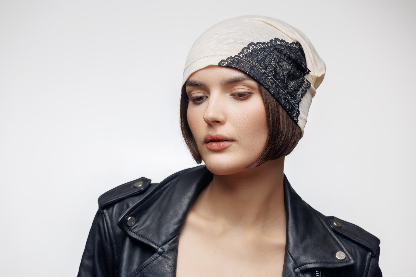 Ivory Linen Beanie with Black Lace: Chemo Cap, Breathable Oversized Hat