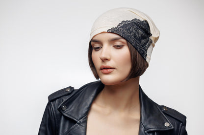 Ivory Linen Beanie with Black Lace: Chemo Cap, Breathable Oversized Hat