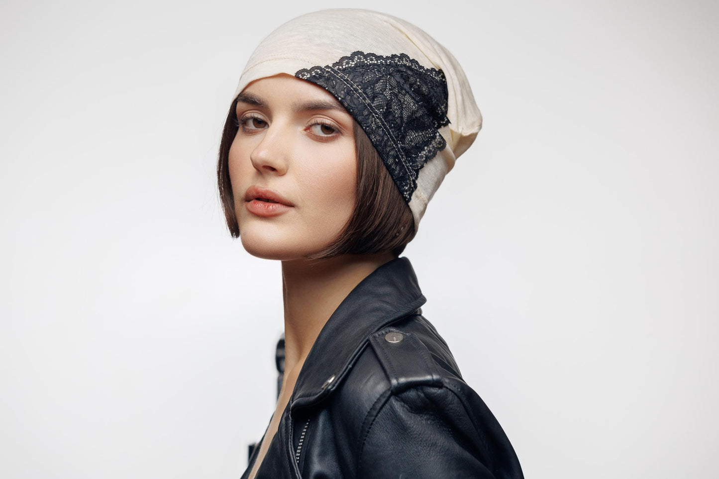 Ivory Linen Beanie with Black Lace: Chemo Cap, Breathable Oversized Hat