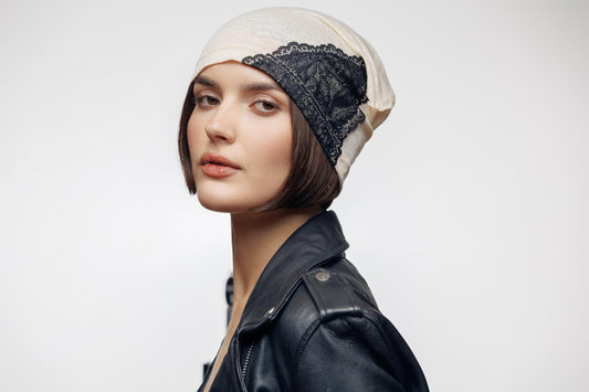 Ivory Linen Beanie with Black Lace: Chemo Cap, Breathable Oversized Hat