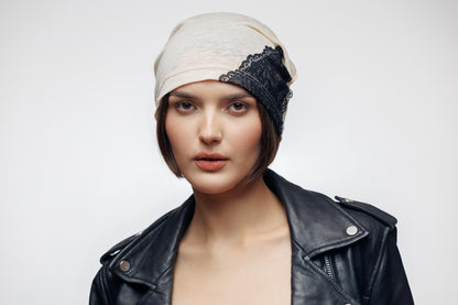 Ivory Linen Beanie with Black Lace: Chemo Cap, Breathable Oversized Hat