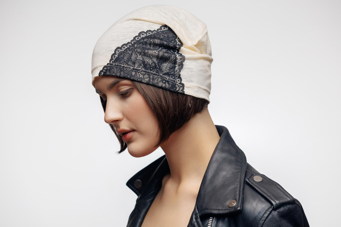 Ivory Linen Beanie with Black Lace: Chemo Cap, Breathable Oversized Hat