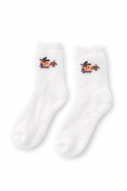 Cute white fuzzy socks with puppy design. Soft, cozy, and adorable everyday socks. Perfect small gift and impulse buy.