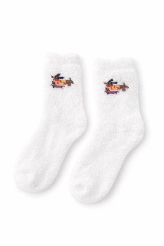 Cute white fuzzy socks with puppy design. Soft, cozy, and adorable everyday socks. Perfect small gift and impulse buy.