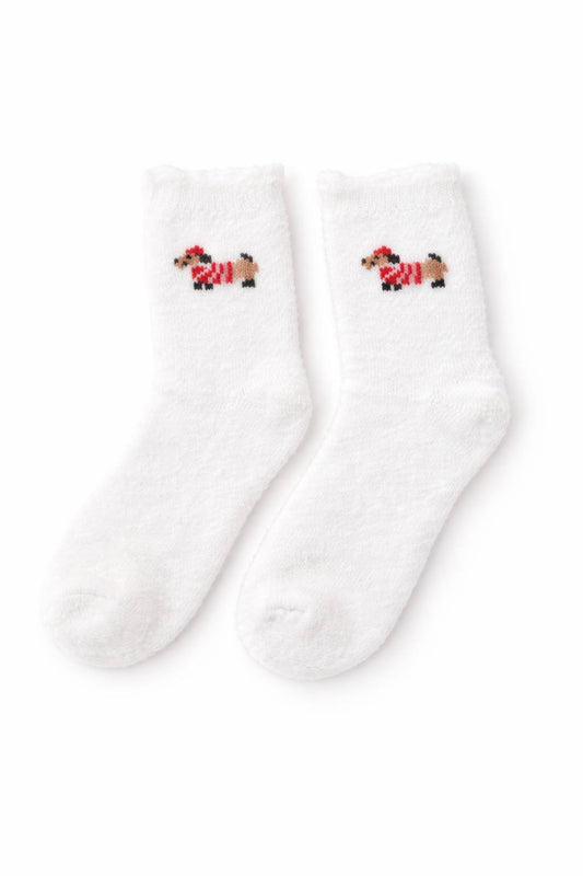 Cute white fuzzy socks with puppy design. Soft, cozy, and lightweight socks for everyday comfort. Perfect small gift and impulse buy.