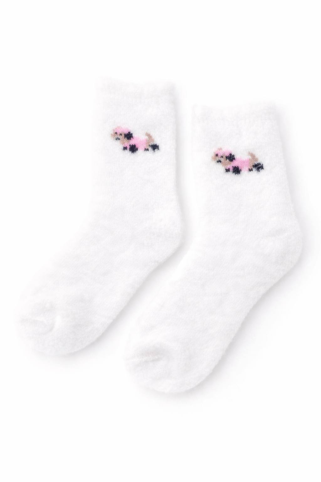 Cute white fuzzy socks with puppy design. Soft, cozy, and lightweight socks for everyday comfort. Perfect small gift and impulse buy.