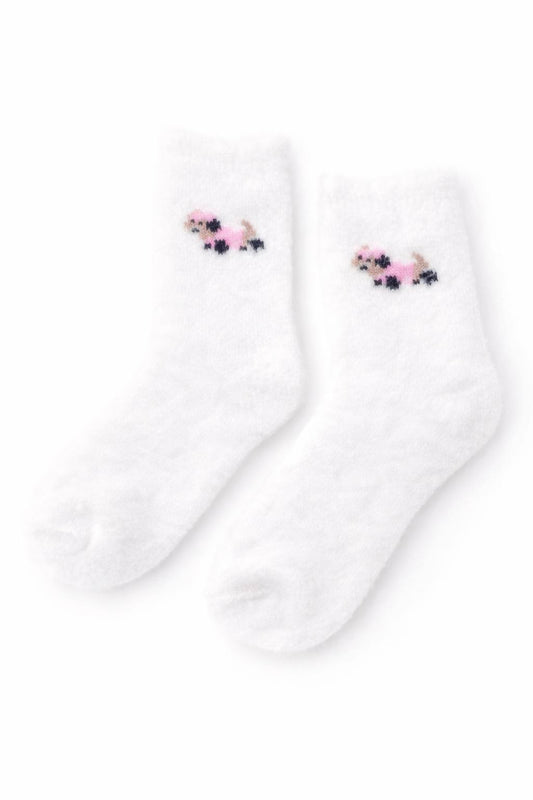 Cute white fuzzy socks with puppy design. Soft, cozy, and lightweight socks for everyday comfort. Perfect small gift and impulse buy.
