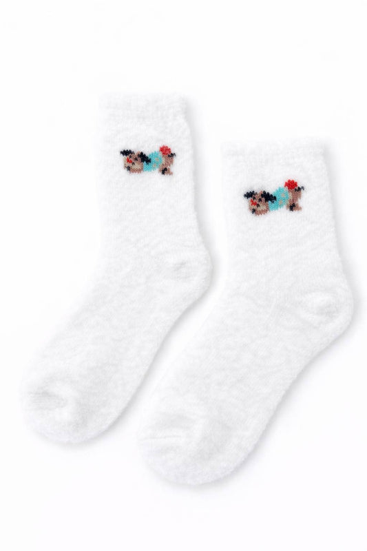 Cute white fuzzy socks with puppy design. Soft, cozy, and lightweight socks for everyday comfort. Perfect small gift and impulse buy.