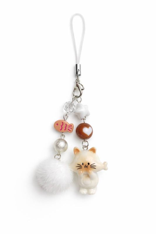 Cute cat pendant with soft pom pom and charms. Lightweight kawaii bag or phone accessory. Affordable cute gift idea.