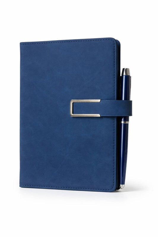 Blue A5 faux leather planner with pen holder and buckle strap. Practical notebook for students, professionals and everyday planning.