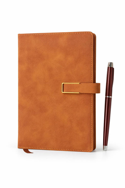 A5 Faux Leather Brown Journal with Pen Holder – Corporate Bulk Gift Notebook for Employees Events