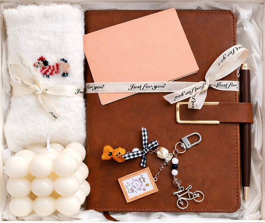 Cozy Self Care Gift Box - Notebook, Candle, Socks & Keychain
