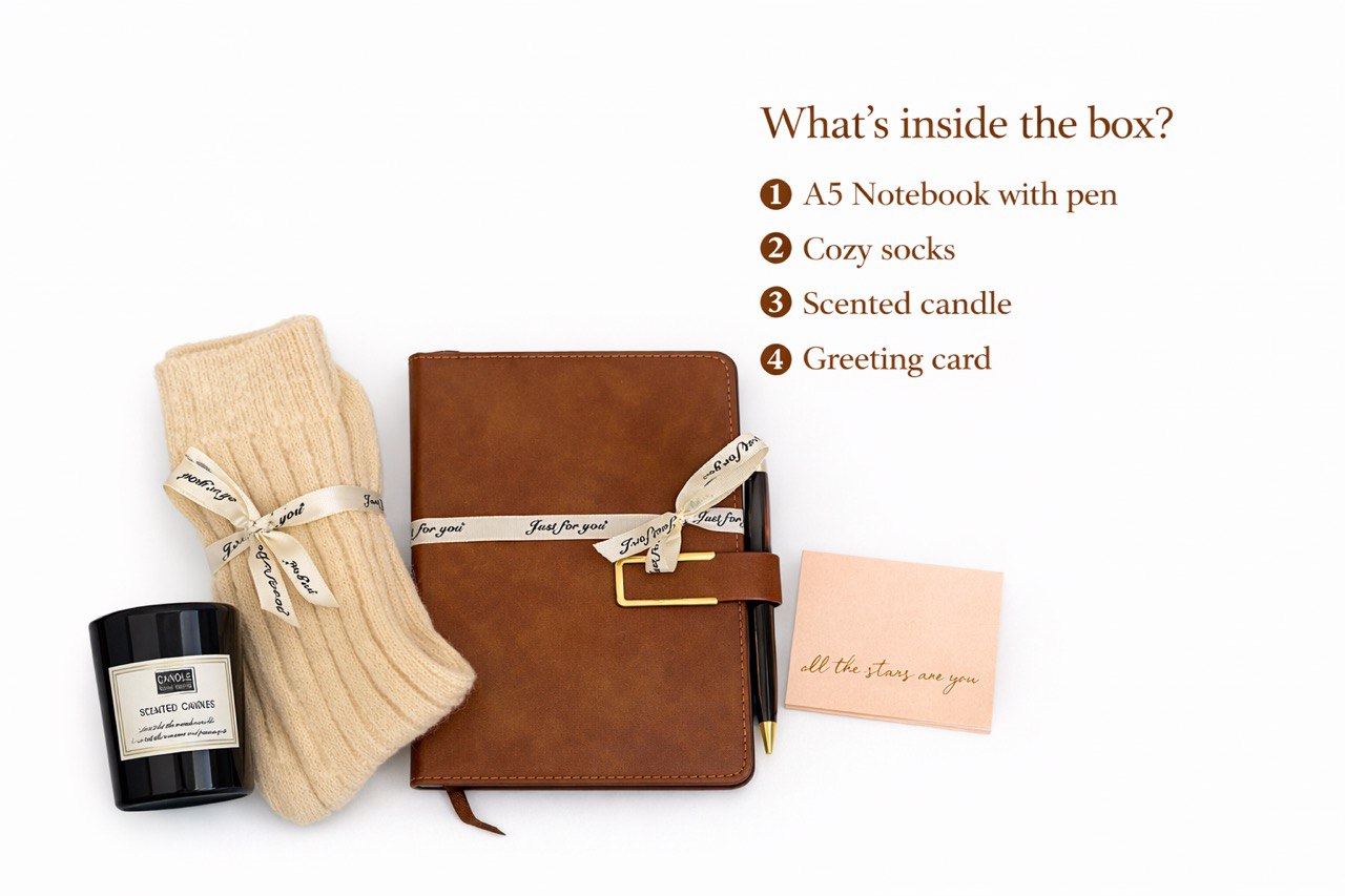 Gift set with brown A5 notebook, socks, candle, and card by Lederea US