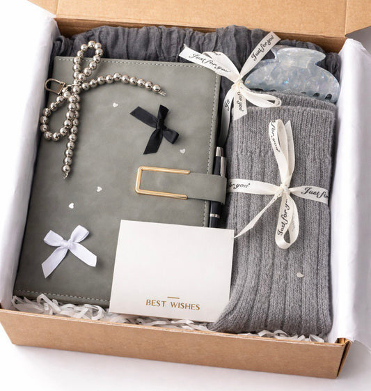 luxury self care gift box for women journal with pen cozy socks scarf keychain greeting card gift set by Lederea